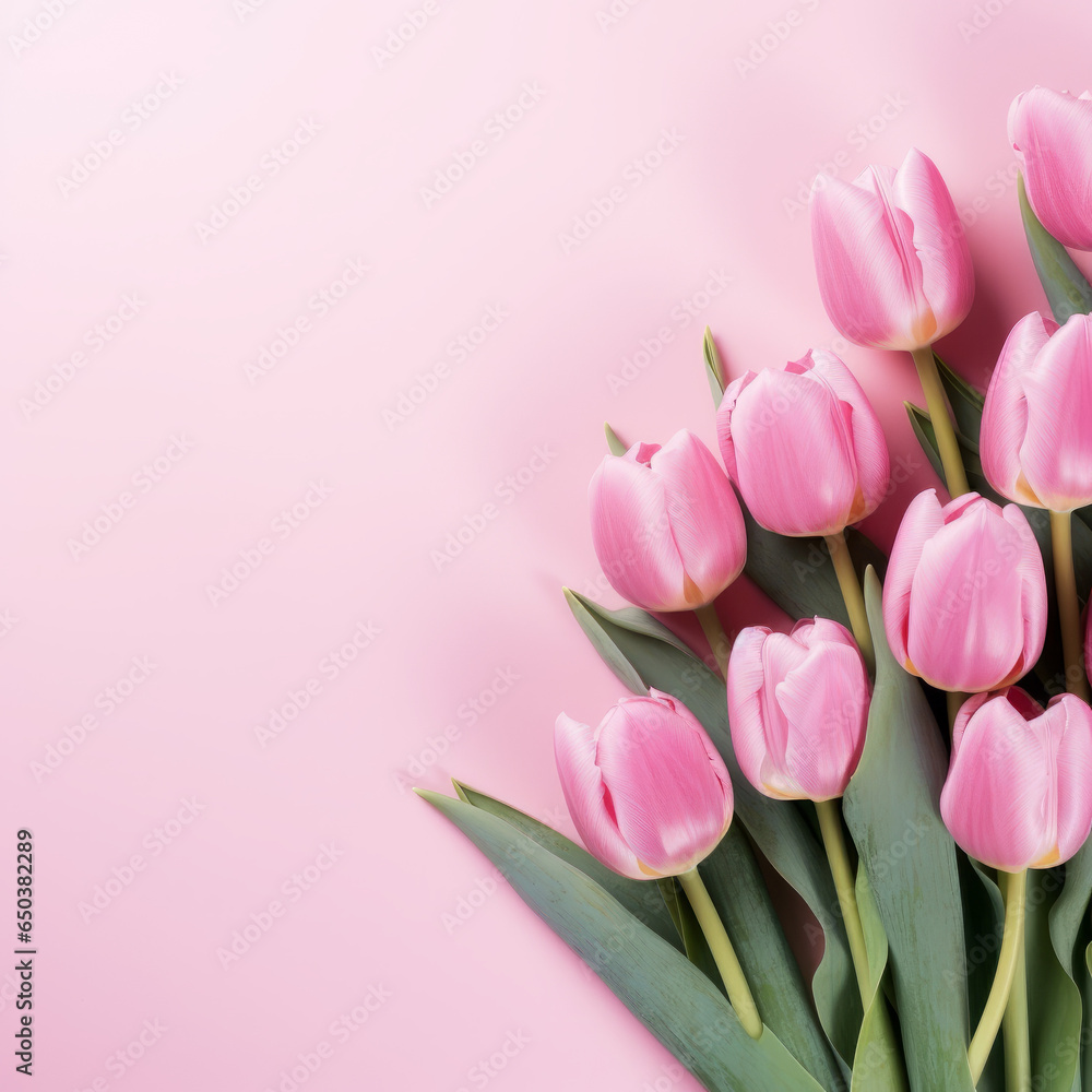 Pink tulips flowers on pink background, greeting card, with space for text