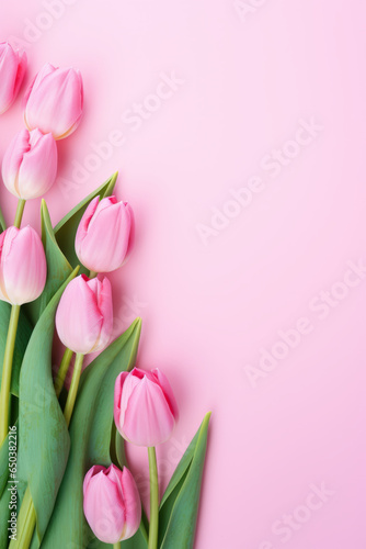 Pink tulips flowers on pink background  greeting card  with space for text