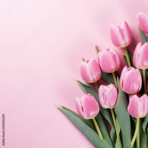 Pink tulips flowers on pink background  greeting card  with space for text