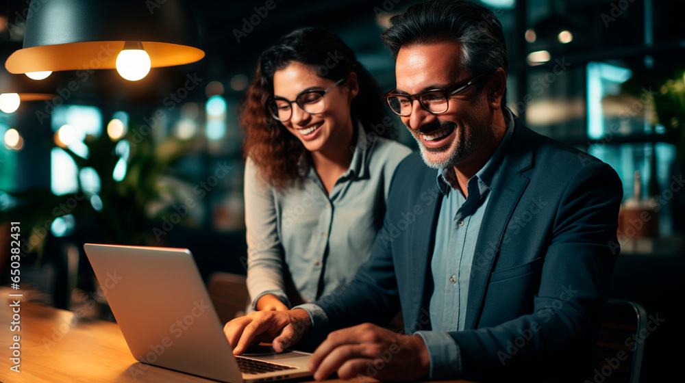un hombre y una mujer hispanos de adulta media, trabajando en una computadora portátil - obrazy, fototapety, plakaty 
