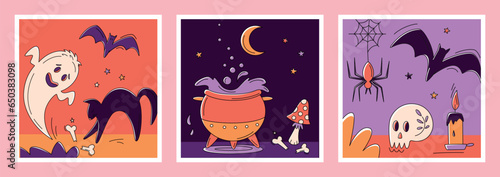 Set of halloween square postcards with candle, decorated skull, bones, ghost, black cat, bat, witches cauldron, fly agaric, moon and stars. Night at the cemetery. Vector illustration