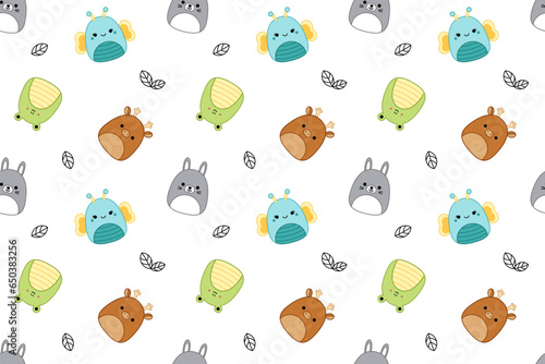 Forest animals on seamless pattern. Squishmallows. Hare frog deer butterfly. Kawaii Vector photo