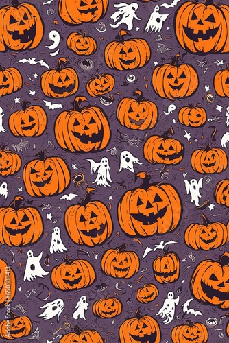 halloween background. seamless pattern of pumpkin, bat, spider web on white background, halloween holiday, trick or treat, halloween partyhalloween background. seamless pattern of pumpkin, bat, spider photo