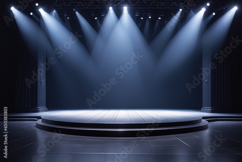 empty dark concert stage with spotlights and dark background, empty space for text. concert hall, show for your concert show.empty dark concert stage with spotlights and dark background, empty space f