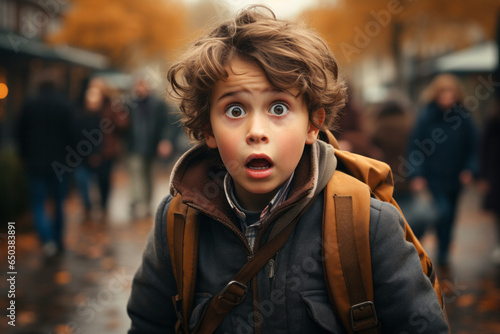 Scared and shocked school boy with backpack.