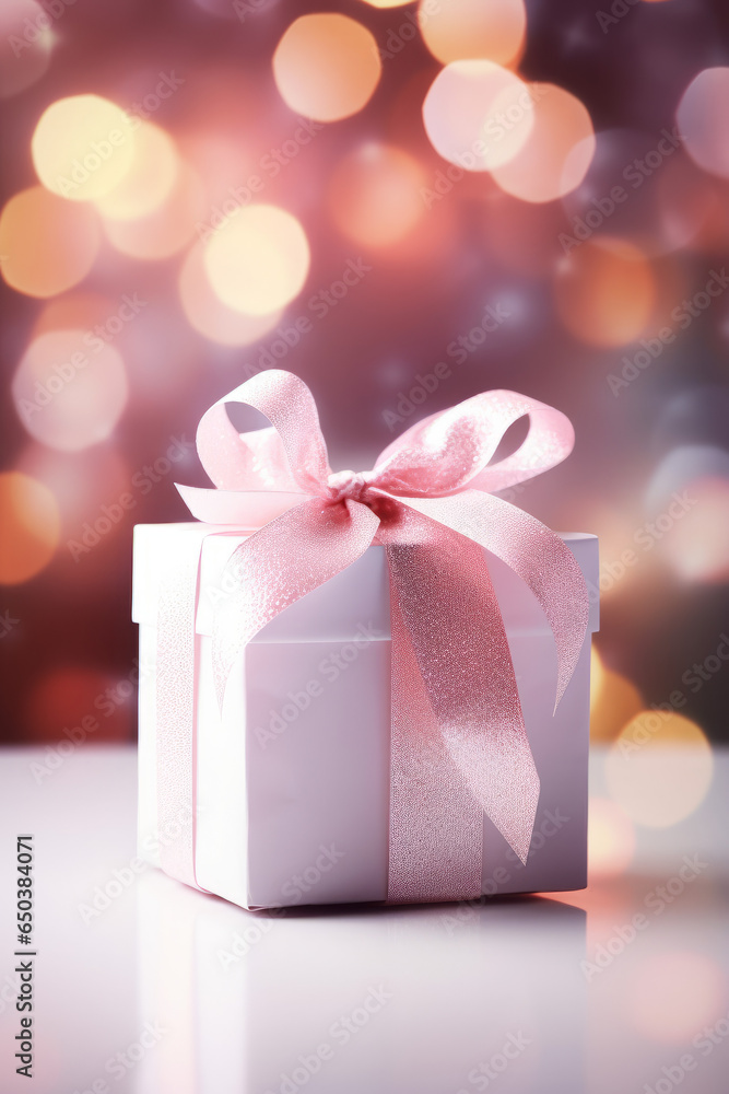 White present with pink bow ribbon, on magic bokeh background, greeting card for Christmas, birthday or wedding, with space for text White present with pink bow ribbon, on magic bokeh background, greeting card for Christmas, birthday or wedding, with space for text