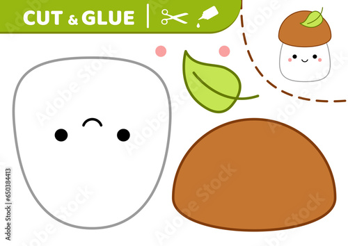 Boletus. Mushroom. Squishmallow. Cut and glue. Applique. Paper game. Mushroom porcini Kawaii vector