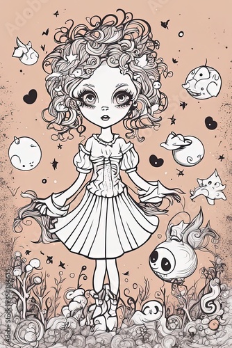 cute little girl with flowers and butterflies in the forestgirl with white hair  flowers and butterflies.cute cartoon fantasy alien girl in the white dress. hand drawn fantasy illustrationcute little 