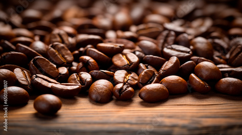 detalle de granos de café tostado en una mesa de madera 