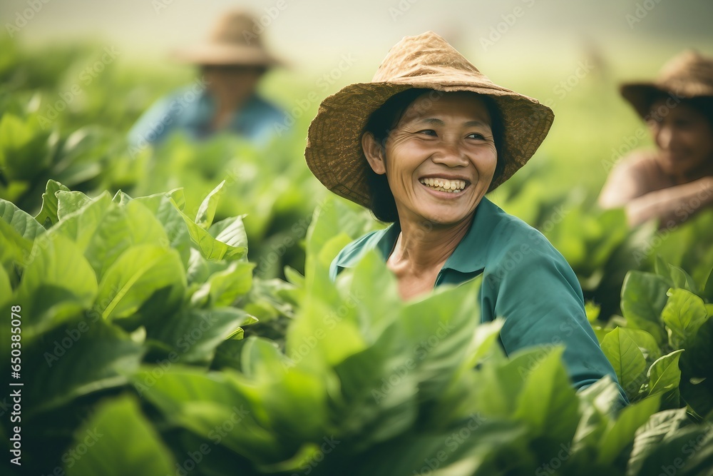 Joyful Asian Women in Agriculture: Harvesting Tobacco with Smiles. - obrazy, fototapety, plakaty 