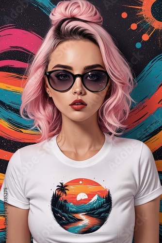 young girl with sunglasses and t - shirtbeautiful young girl with sunglasses and a colorful hair in a pink t - shirt. a girl in a pink swimsuit with a skateboard on the backgroundyoung girl with sungl photo