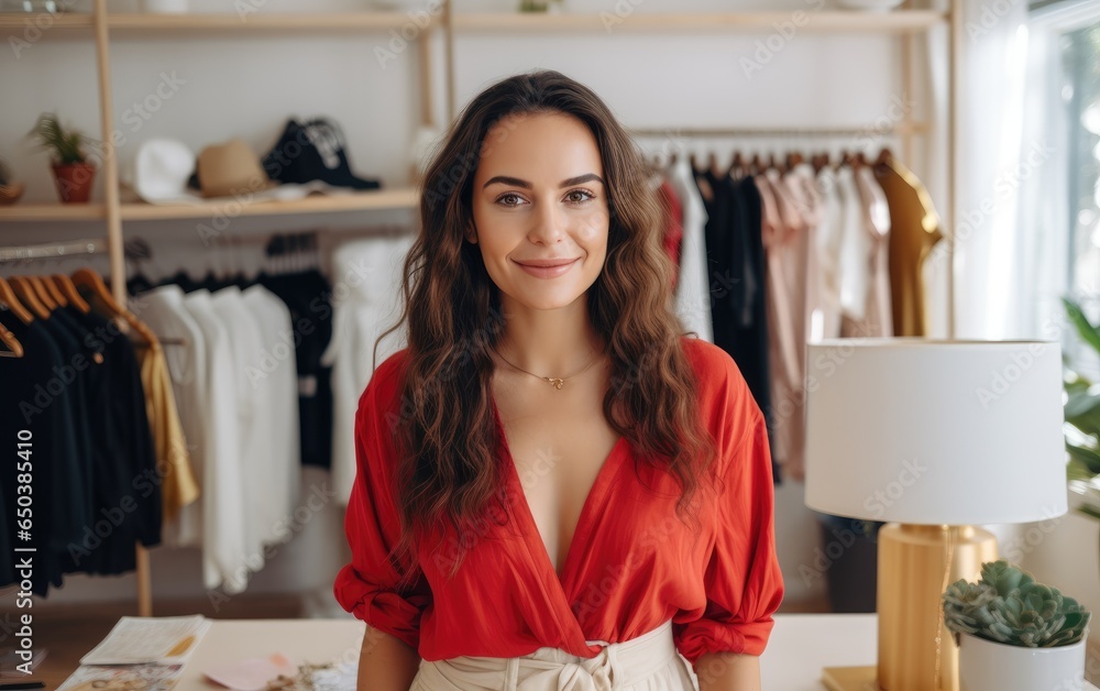 Woman in a Live streaming selling clothes online with smartphone at her shop. Small business owner, online market concept. Generative AI Woman in a Live streaming selling clothes online with smartphone at her shop. Small business owner, online market concept. Generative AI