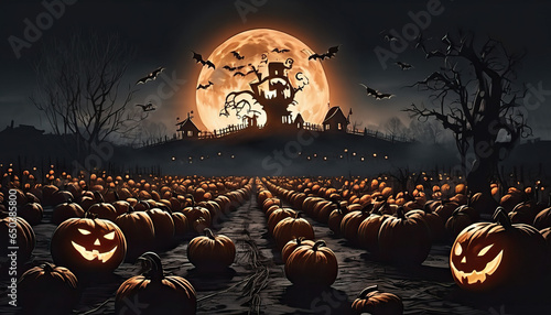 Eerie moonlit night, shadows cast, a grinning jack-o'-lantern in a spooky pumpkin patch, setting the stage for a haunting Halloween scene. (ID: 650385800)