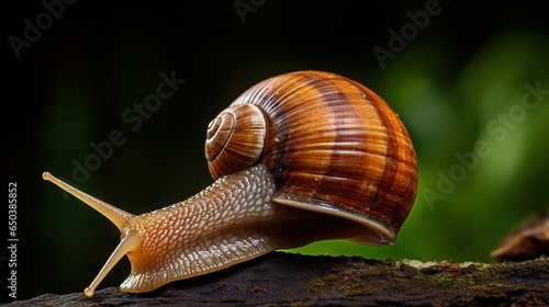  a close up of a snail on a tree branch with a blurry background.  generative ai