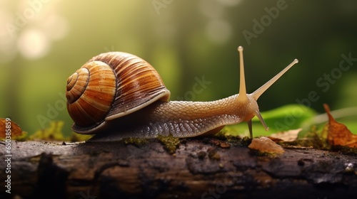 a snail crawling on a log in a forest with leaves.  generative ai © Anna