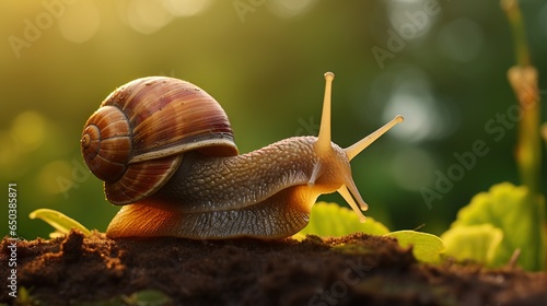  a snail is sitting on top of a dirt mound in the sun. generative ai