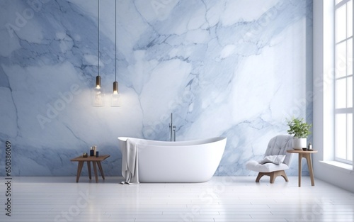 Bad mit großer Marmorwand in weiß blau mit freistehender Badewanne