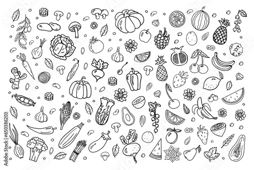Big set of Healthy vegetarian food. in doodle style. Vegetables, fruits and berries. Lemon, banana, tomato, carrot, broccoli, pumpkin, corn. Greeting card, banner or poster. World Vegan Day. 