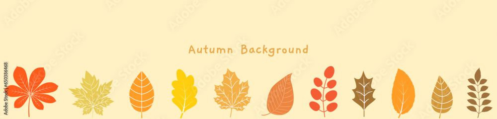 Horizontal vector background with autumn leaves in red, orange yellow and brown warm colors for banner, frame or border design