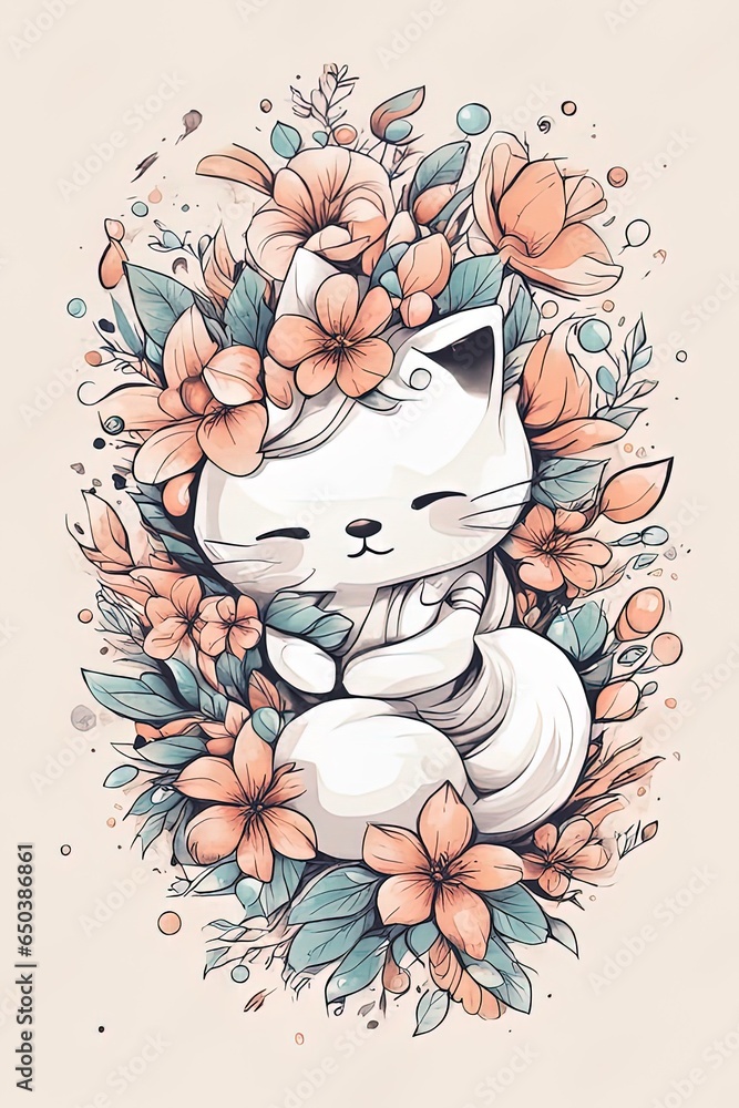 hand drawn cute cat in a white wreath cat in flowers.  vector. hand drawn vector illustration of cute cartoon cat in flower. hand drawn cute cat in a white wreath