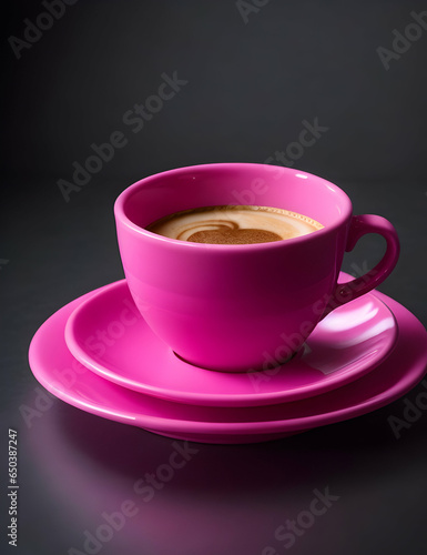 A coffee cup with a handle on top and saucer  with a dark background