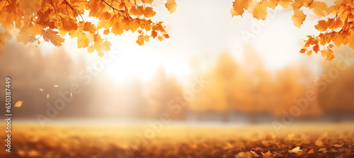 Beautiful orange and golden leaves with sunlit bokeh in a autumn park, AI generated.