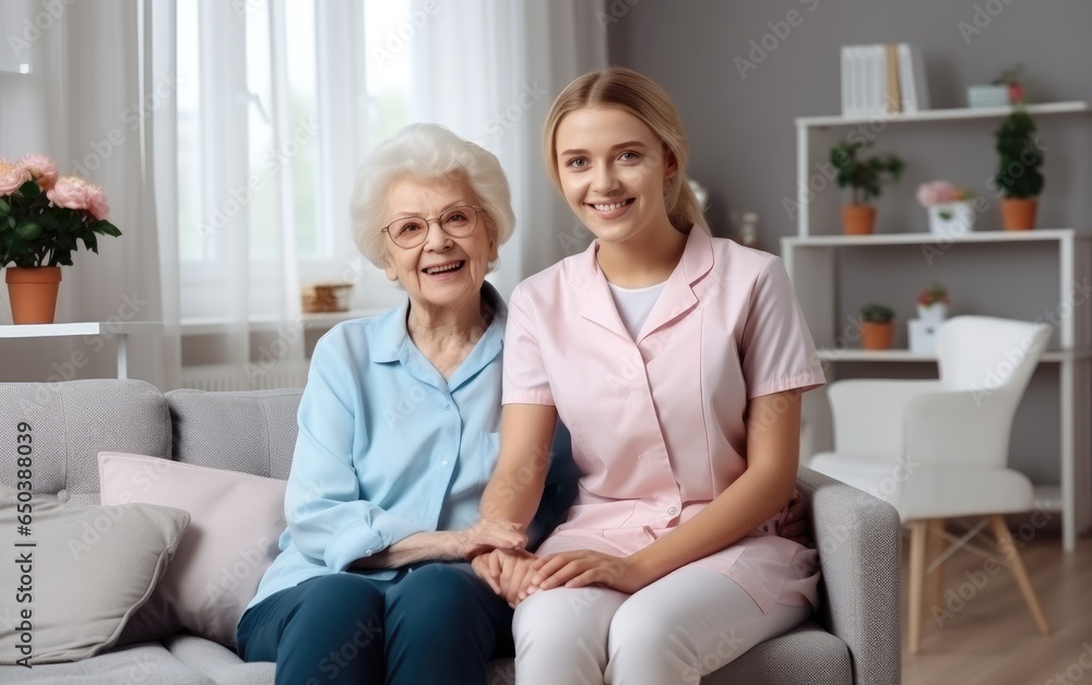 Elderly person with caregiver, nursing home. Generative AI Elderly person with caregiver, nursing home. Generative AI