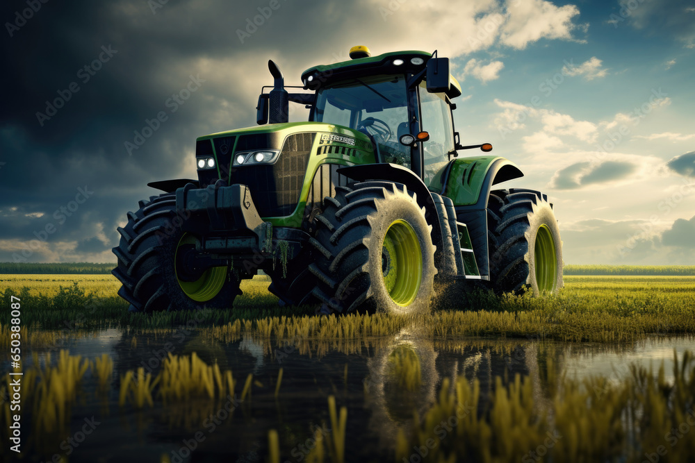 Fototapeta premium A tractor equipped with precision farming technology, optimizing resource use in the field. Generative Ai.