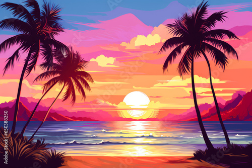 Tropical sunset on the beach with palm trees. illustration © mila103