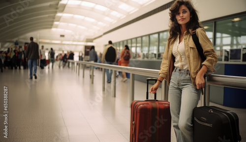 Retro hispanic larino Happy young woman at airport with luggages at departure hall background. photo