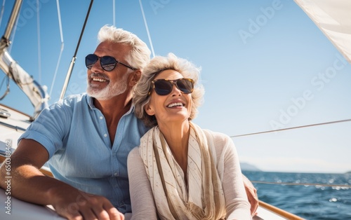 Relaxed senior couple sailing luxury yacht. Generative AI © piai