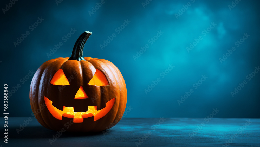 Jack O Lantern Halloween pumpkin. spooky Halloween background. Blue background with copy space. Jack O Lantern Halloween pumpkin. spooky Halloween background. Blue background with copy space.