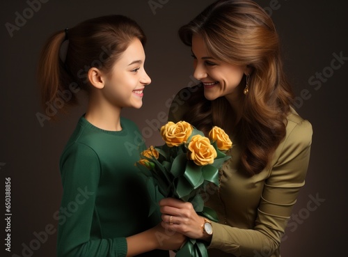 Happy beautiful teacher with flowers