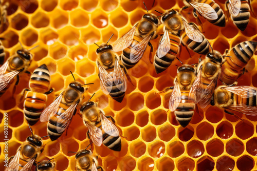 Worker bees work in the hive, honey frame background