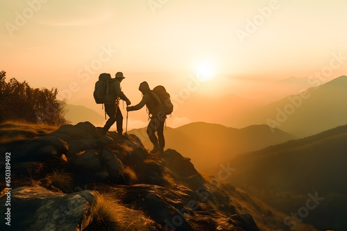 Two male hikers helping each other climb up a mountain, to show teamwork and perseverance.