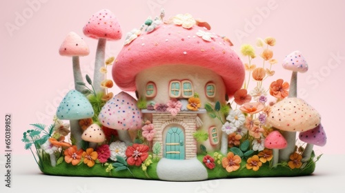 A small house made out of felt and decorated with flowers and mushrooms