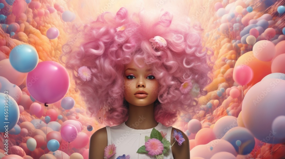 A little girl with pink hair and a bunch of balloons A little girl with pink hair and a bunch of balloons