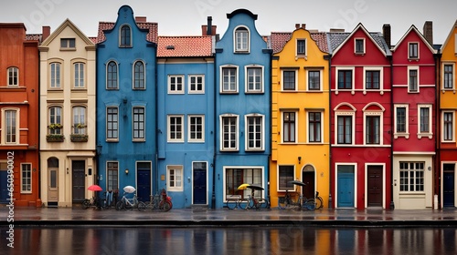  a row of colorful houses with bicycles parked in front of them. generative ai