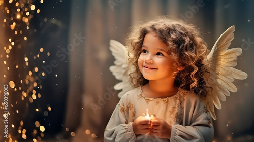 A little angel child with feathers on his wings, with clear eyes and a sweet smile, in a Christmas atmosphere.