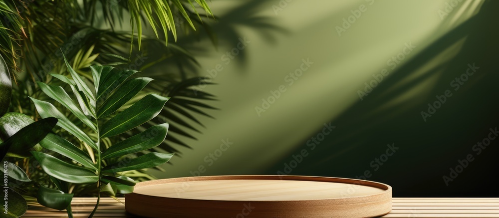 Sleek wooden tray on green counter with sunlight and leaf shadow for product display Sleek wooden tray on green counter with sunlight and leaf shadow for product display
