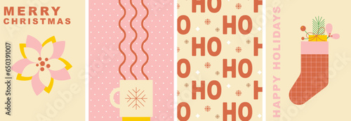 Merry Christmas and Happy New Year vector illustration. Set of cartoon Xmas cards, tags. Winter warm drink and steam. Christmas sock with gift. Flat trendy abstract style. Noel. Poster, cover, banner