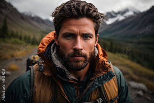 man traveler hiking in mountains