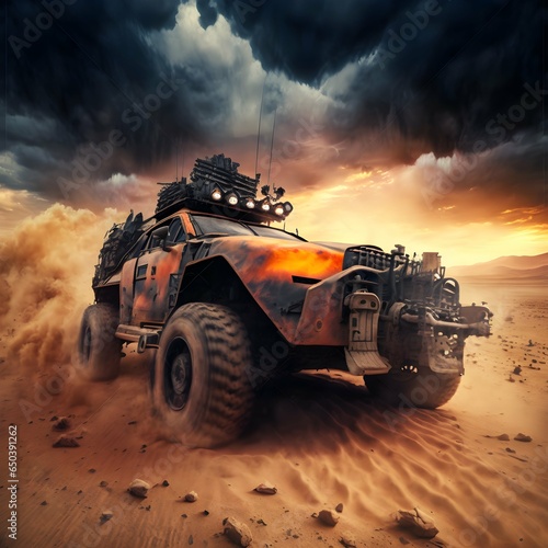 dirty off road vehicle with weapons driving through an american desert landscape armed dangerous mad max style gloomy tornado in the background thunderclouds and many flashes in the sky orange 