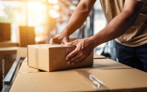 Hands taping a cardboard box, preparing it for shipment. Generative AI