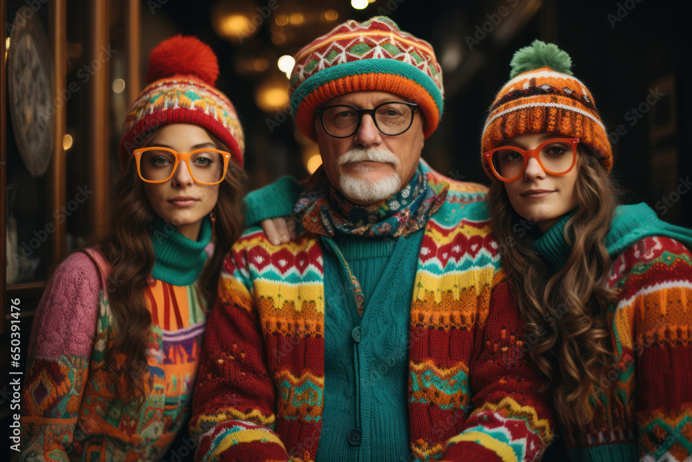 A family dressed in matching, outrageously colorful outfits for an awkward holiday portrait. Concept of eccentric holiday traditions. Generative Ai.