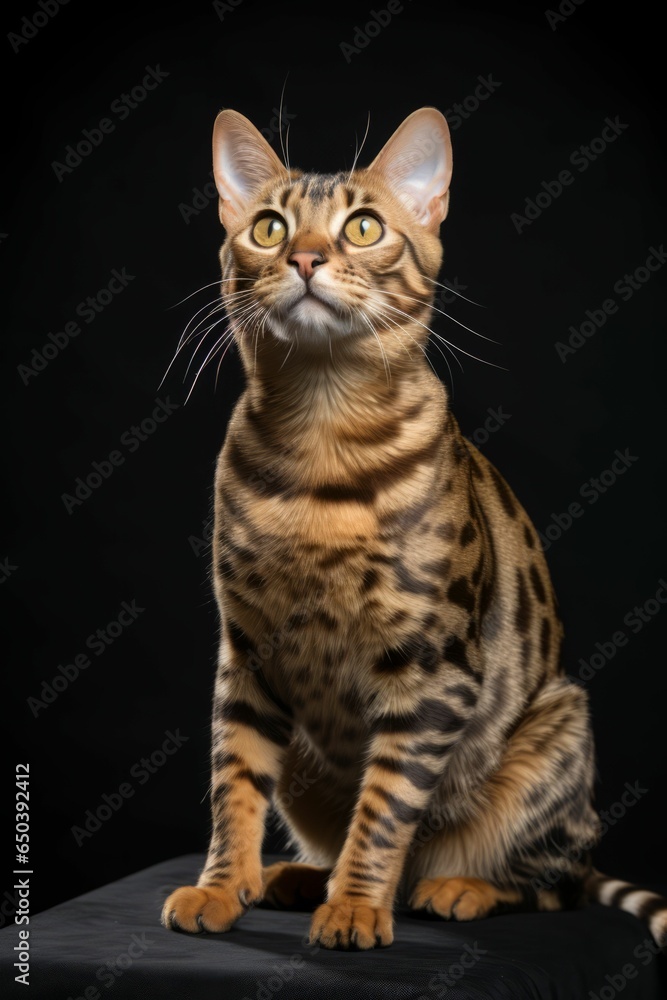 AI generated illustration of a Bengal cat against a dark background AI generated illustration of a Bengal cat against a dark background