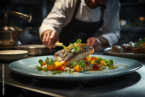 A chef expertly plating a gourmet dish in a high-end restaurant. Concept of culinary artistry. Generative Ai.