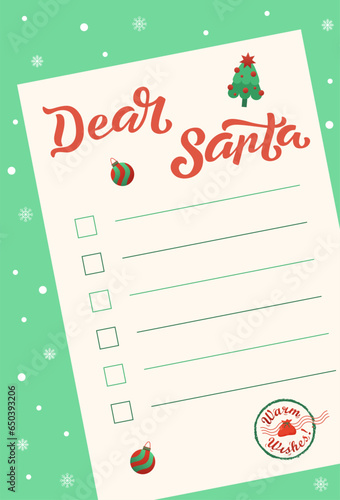 Flat Christmas wish list concept on paper with snowflakes. Santa Claus letter template with stamp and holiday tree. Vector winter cartoon illustration on textured snowy background for design or banner