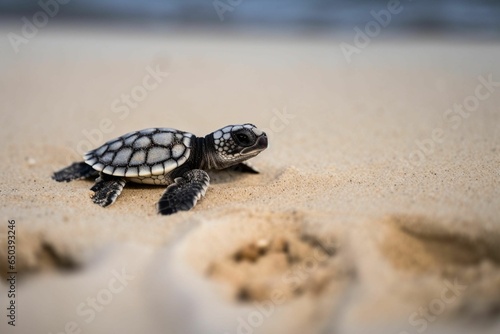 a small turtle crawling out of the sand on a beach © Busybenss/Wirestock Creators