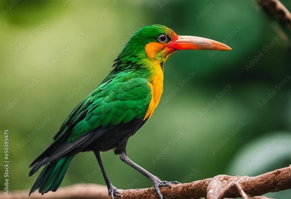 AI generated illustration of an exotic bird against green trees